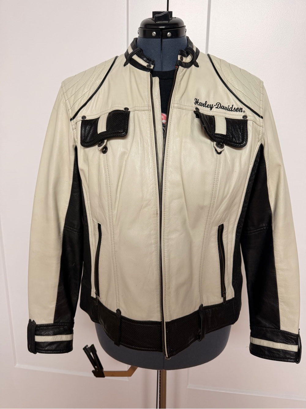Harley-Davidson Cream and Black Women's Leather Moto Jacket